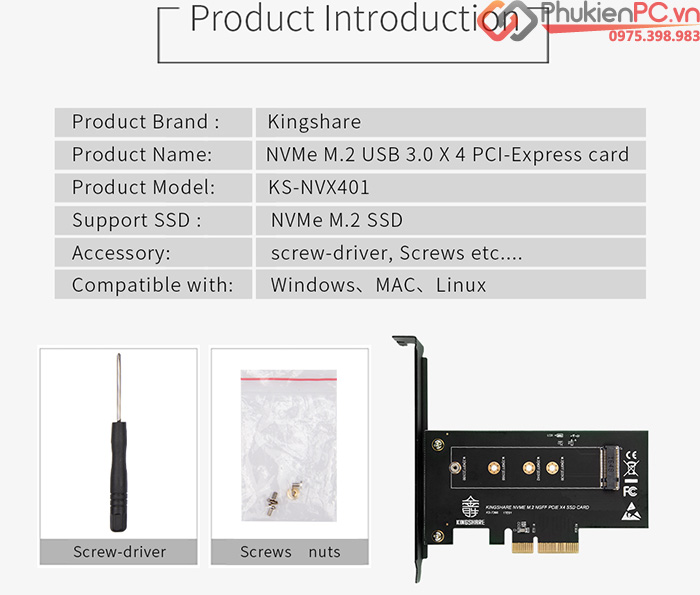 Adapter SSD M2 NVMe PCIe to PCI-E 4X Kingshare