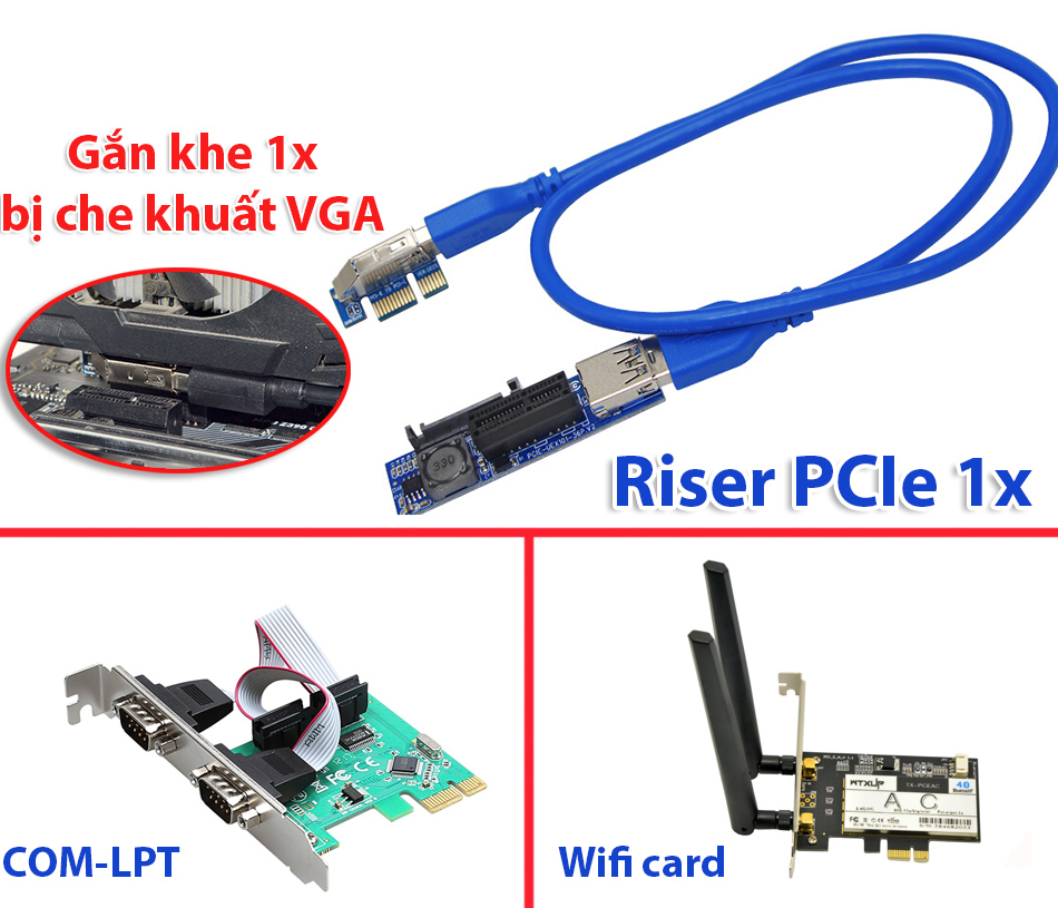 Dây cáp Riser PCIe 1X nối dài 60cm, lắp đặt card LAN, wifi, COM, LPT. Thiết kế thông minh nối dài khe pcie 1x bị che khuất bởi card VGA