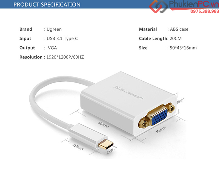 Cáp chuyển đổi USB-C sang VGA Ugreen 40274 chính hãng