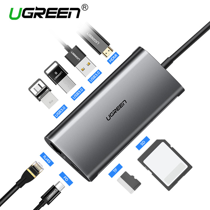 USB-C hub 8 in 1 HDMI, USB, LAN, hỗ trợ sạc PD Ugreen 50516