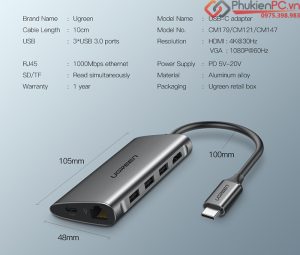 USB-C hub 8 in 1 HDMI, USB, LAN, hỗ trợ sạc PD Ugreen 50516
