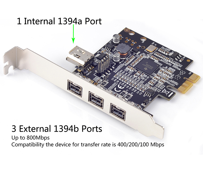 Card PCIe to 3 Port Firewire 800 1394B, 1 Port 1394A Chip TI XIO2213
