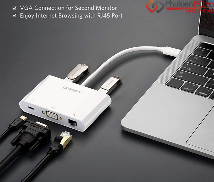 Cáp chuyển đổi Thunderbolt 3 ra VGA, LAN, USB 3.0 Ugreen 30439
