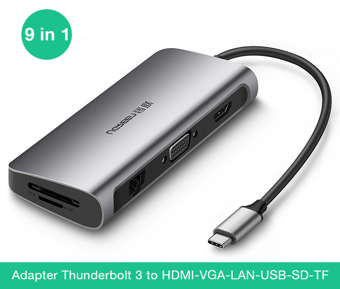 USB-C hub 9 in 1 HDMI, VGA, USB, LAN, hỗ trợ sạc PD Ugreen 40873