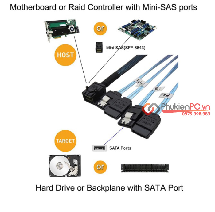 Cáp Mini SAS SFF-8643 to 4 SATA dài 1M