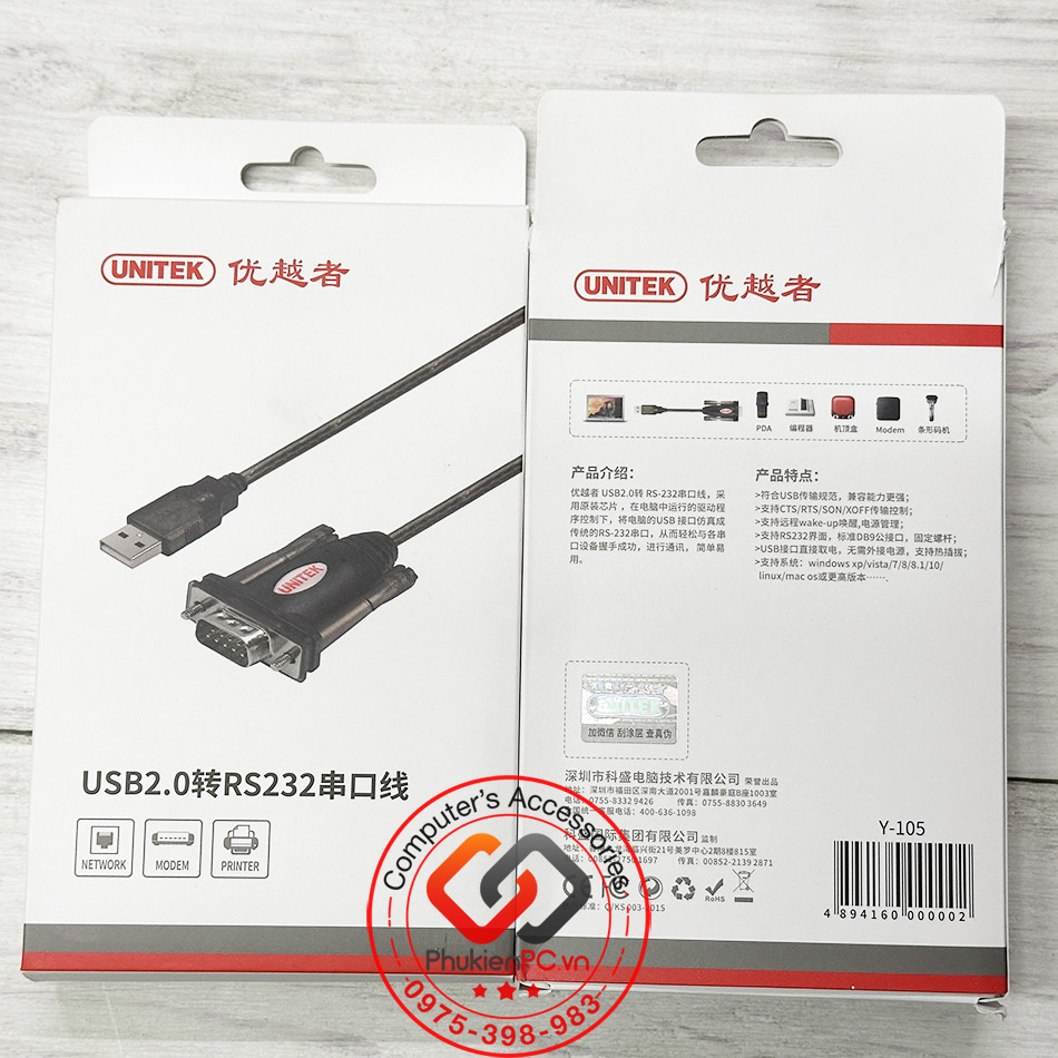 Cáp USB sang COM RS232 Unitek Y-105 dài 1.5M hỗ trợ Win XP 7 10 11