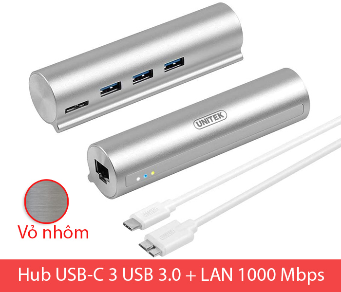 Bộ chia USB-C (Thunderbolt 3) ra 3 USB 3.0 LAN Gigabit vỏ nhôm