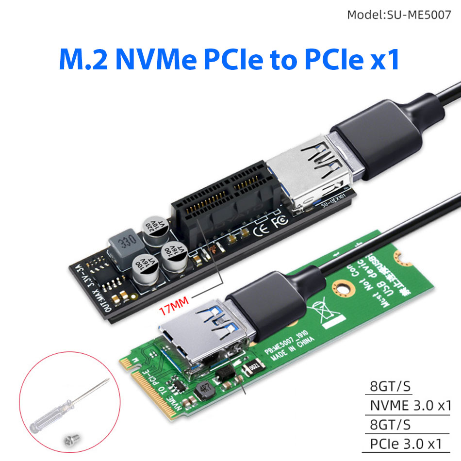 Dây Riser chuyển đổi  M.2 Pcie sang PCIe 1X lắp đặt card mạng LAN, RS232, LPT, USB 3.0