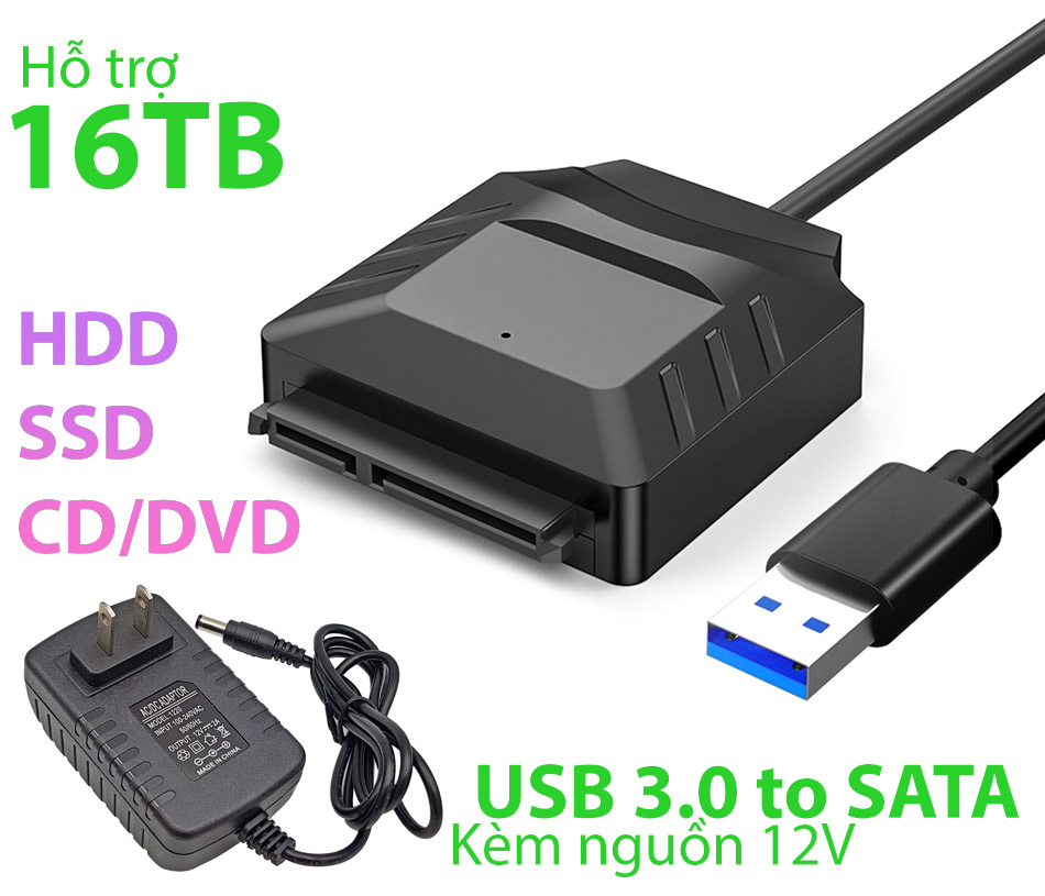 Cáp ổ cứng SSD HDD SATA sang USB 3.0 có nguồn 12V đi kèm