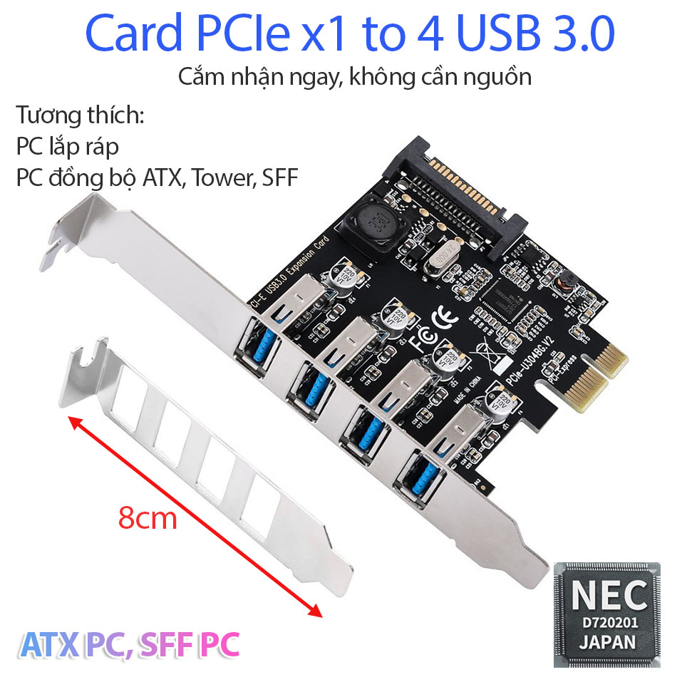 Card PCI-E to 4 USB 3.0 Chipset NEC720201 cho Mini PC SFF và PC lắp ráp ATX