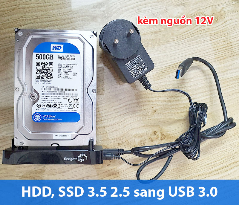 Cáp chuyển đổi USB 3.0 sang SATA HDD, SSD kèm nguồn 12V