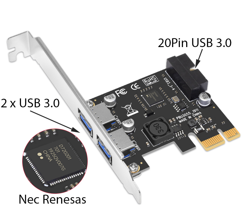 Card PCI-E to 2 USB 3.0, 20Pin Nec Renesas 720201