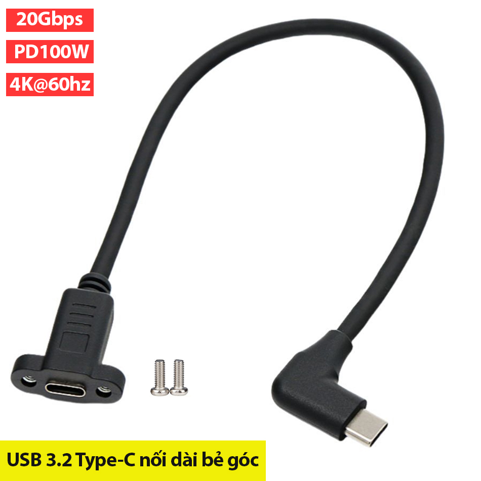 Cáp nối dài USB 3.2 Type C đực – cái bắt vít 0.3M bẻ góc 20Gbps PD100W Video 4K