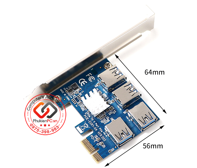 Card chia PCIe 1x to 4 PCIe riser USB 3.0