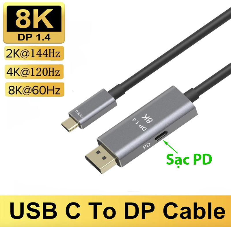 USB-C Thunderbolt 3/4 to Displayport 1.4 8K60hz 4K144hz hỗ trợ sạc PD