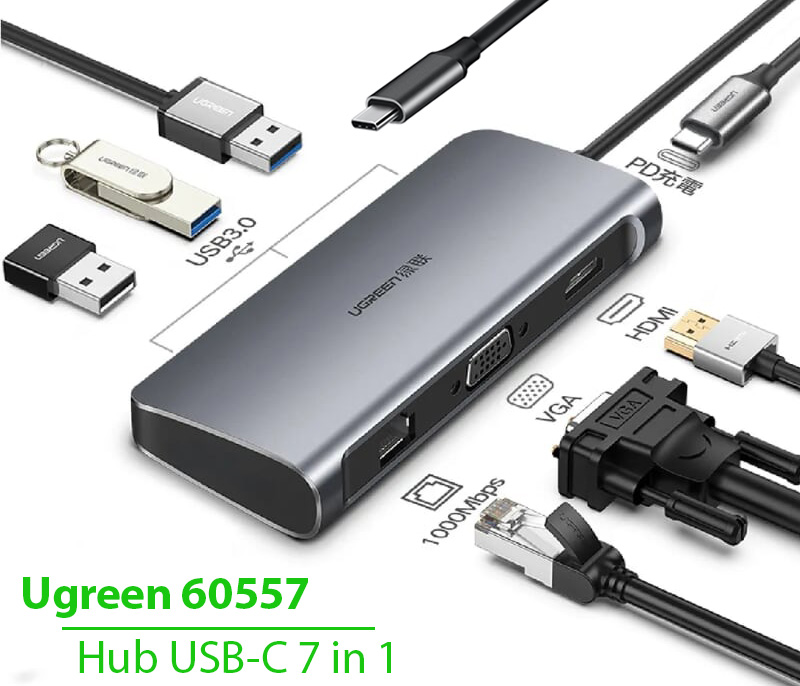 USB-C hub 7 in 1 HDMI, VGA, USB, LAN, hỗ trợ sạc PD Ugreen 60557