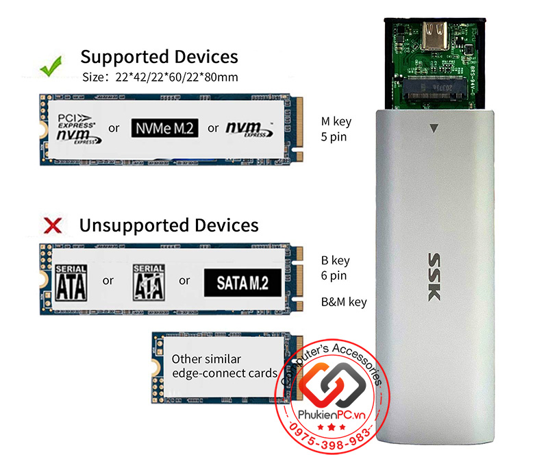 Box M.2 Nvme ra USB 3.1 Type C 10Gb vỏ nhôm hỗ trợ 4TB thương hiệu SSK