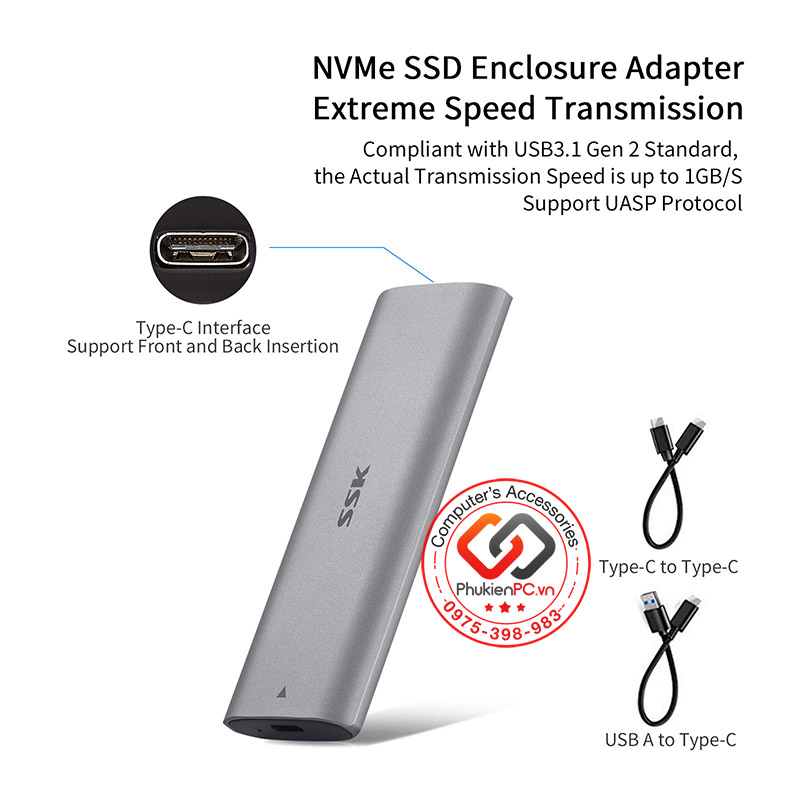 Box M.2 Nvme ra USB 3.1 Type C 10Gb vỏ nhôm hỗ trợ 4TB thương hiệu SSK