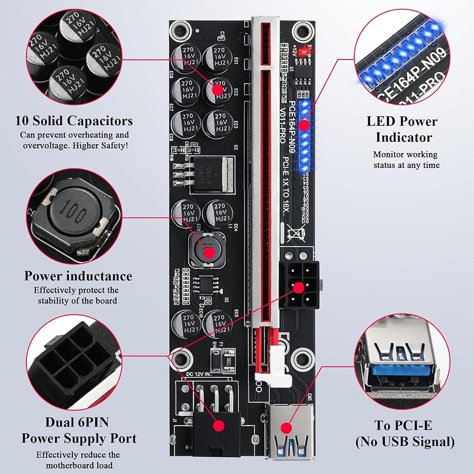 Cáp Riser PCI-E 1X sang 16X Ver 009C Plus cho BTC Miner lắp card PCIe, VGA