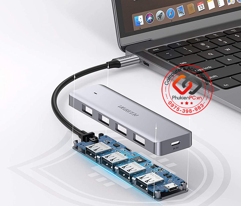 Hub chuyển USB-C/Thunderbolt 3/4 sang 4 USB 3.0 vỏ nhôm Ugreen 70336