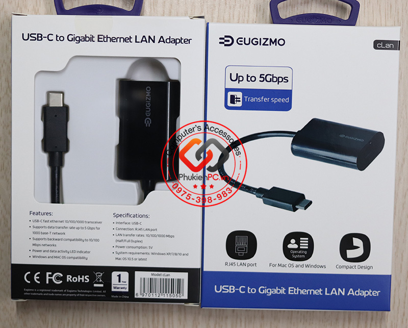 Cáp USB-C/Thunderbolt 3 sang LAN 1000 Mbps tự nhận driver