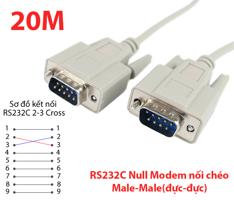 Cáp RS232C Null Modem male to male nối chéo 20M