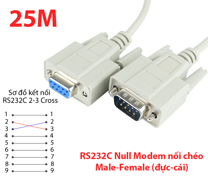 Cáp RS232C Null Modem male to female nối chéo 25M