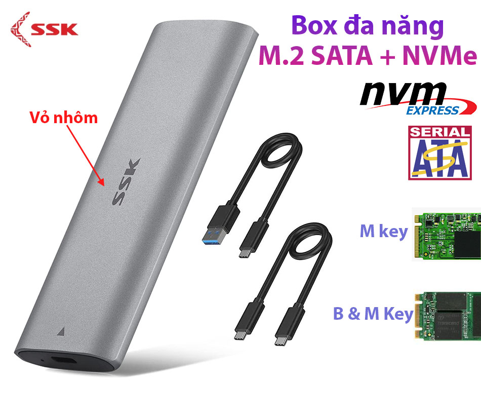 Box đa năng SSD M2 NVMe, SATA to Type C vỏ nhôm, thương hiệu SSK cao cấp