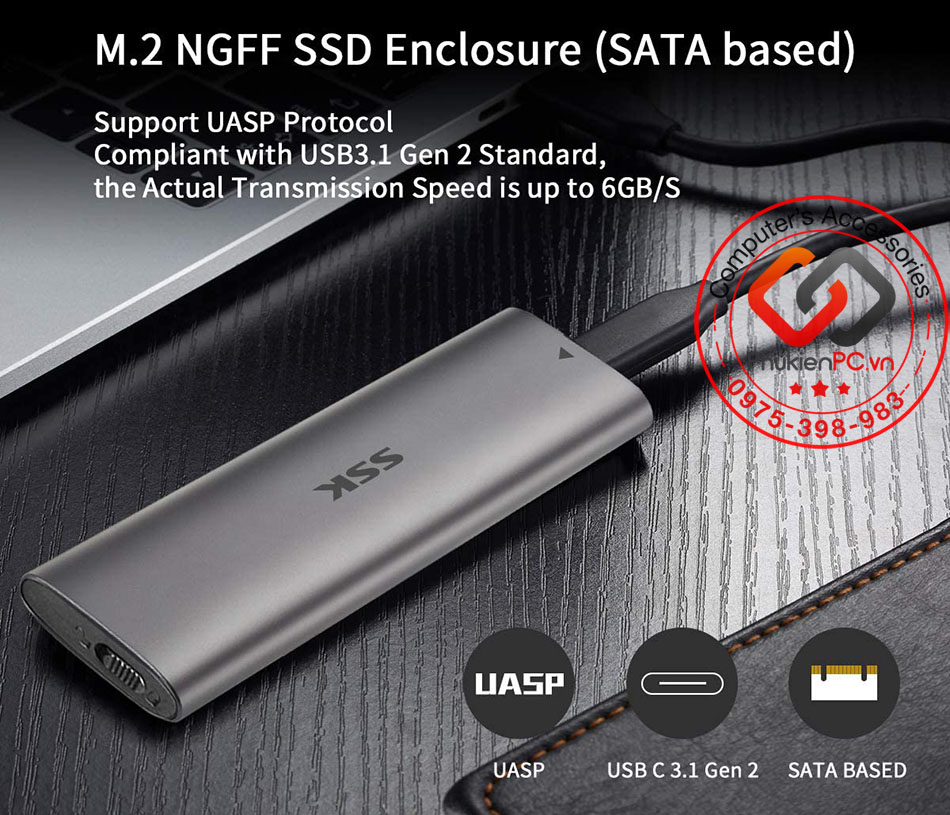 Box ổ cứng SSD M2 SATA 2280 to Type C vỏ nhôm SSK SHE-C321