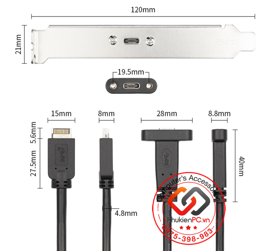 Cáp chuyển đổi USB 3.2, USB 3.1 Header cắm main ra USB Type C