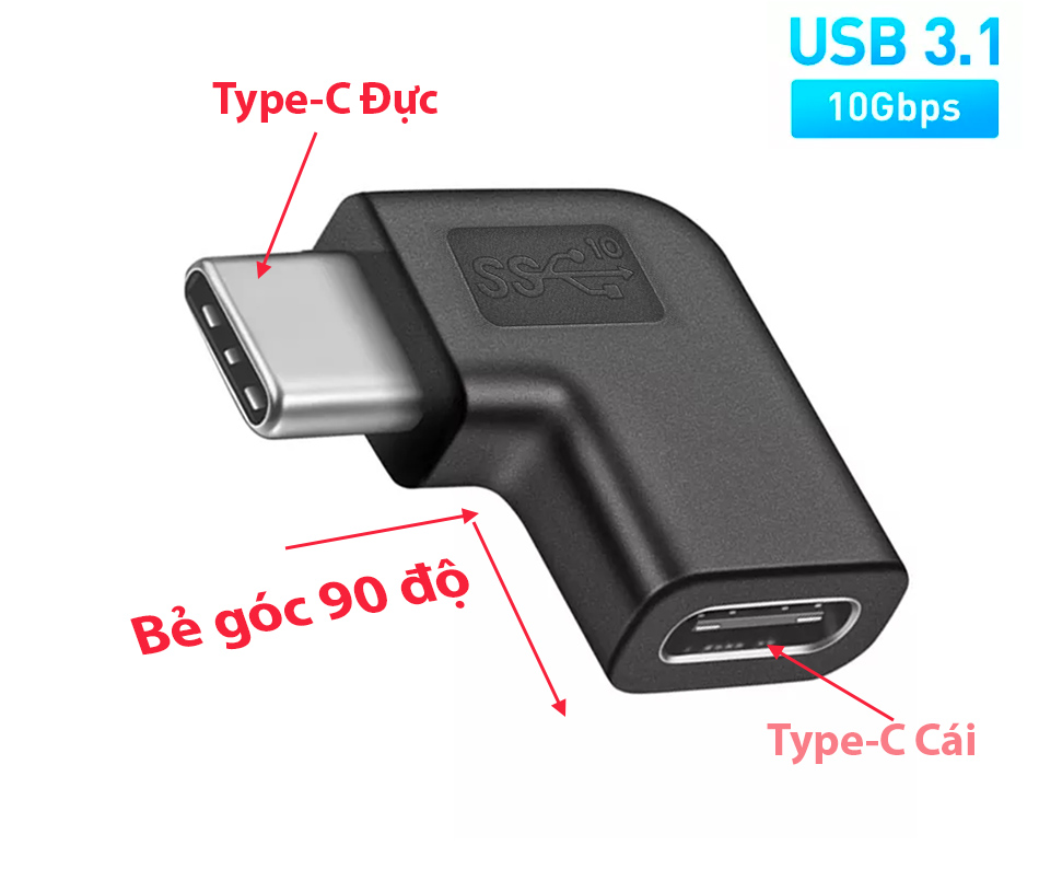 Đầu nối USB Type C đực-cái bẻ góc 90 độ, tốc độ 10Gbps USB 3.1 GEN2