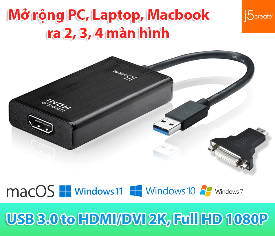 Cáp USB 3.0 sang HDMI, DVI hỗ trợ 2K, HD1080P, kết nối PC, Laptop, Macbook ra 2, 3, 4 màn hình độc lập