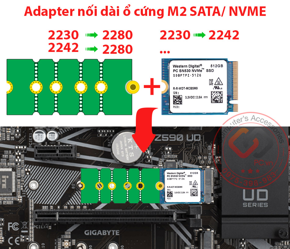 Adapter nối dài SSD M2 SATA, NVME 2230 2242 sang 2280