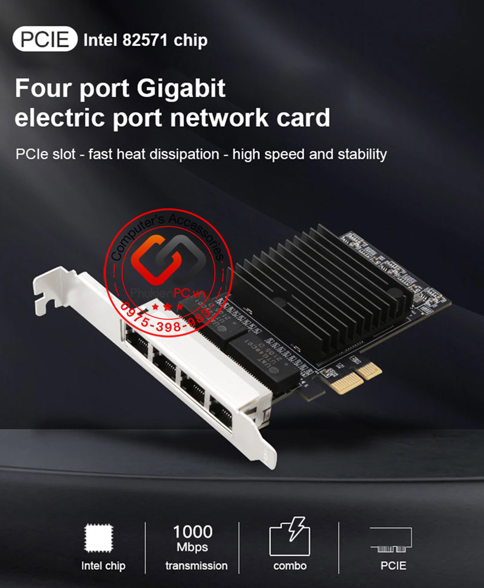 Card mạng PCIe to Quad 4 LAN Gigabits Ethernet intel 82571 cho PC, Server