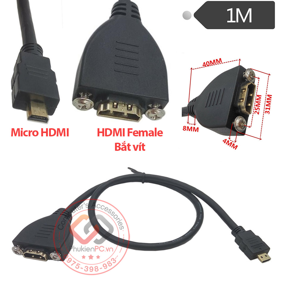 Cáp Micro HDMI to HDMI Female bắt vít 1M