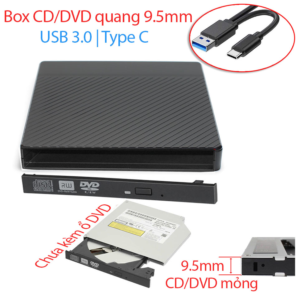 Box ổ đĩa quang CD DVD 9.5mm SATA Laptop ra USB 3.0, Type C