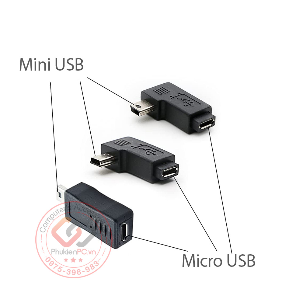 Đầu chuyển đổi Micro USB sang Mini USB thẳng, bẻ góc trái, phải