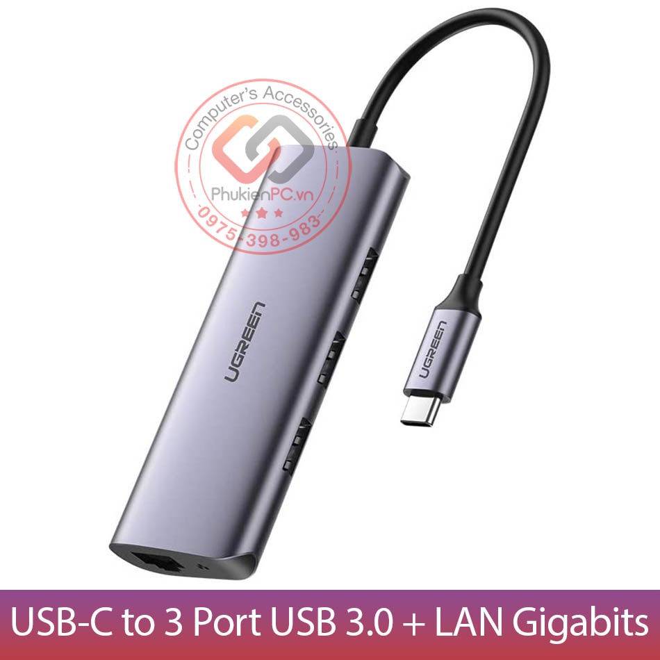Hub USB-C ra 3 cổng USB 3.0, LAN Gigabit Ethernet Ugreen chính hãng