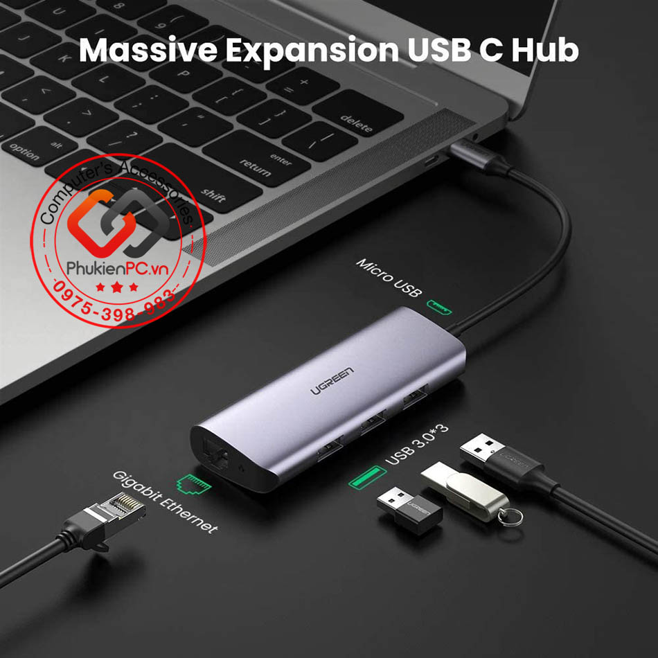 Hub USB-C ra 3 cổng USB 3.0, LAN Gigabit Ethernet Ugreen chính hãng