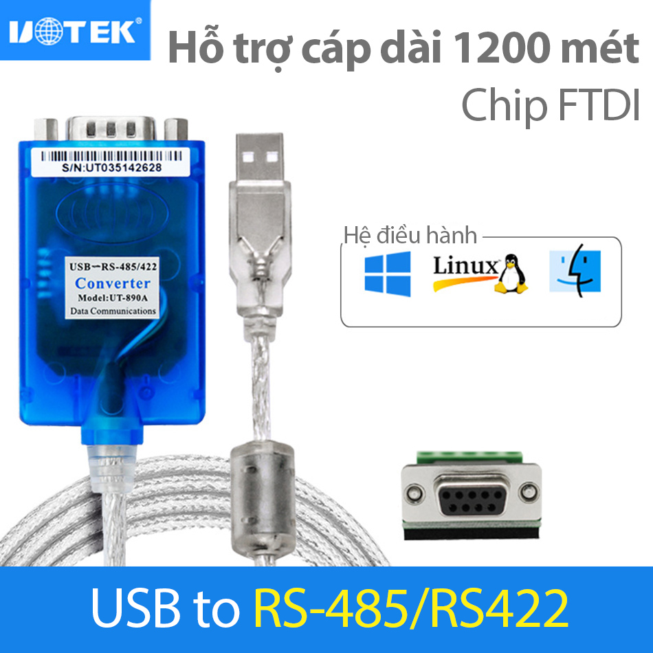 Cáp USB sang RS422 RS485 UTEK UT-890A chip FTDI hỗ trợ Win XP 7 10 11