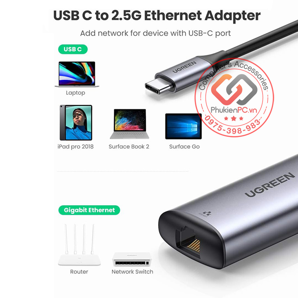 Cáp USB Type-C Thunderbolt 3/4 to LAN 2.5Gbps Ugreen 70446