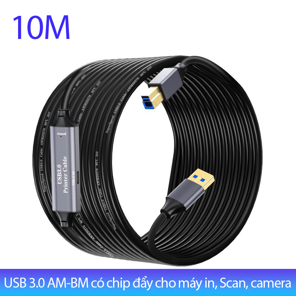 Cáp USB 3.0 AM-BM dài 10 mét có chip đẩy tín hiệu cho máy in, Camera