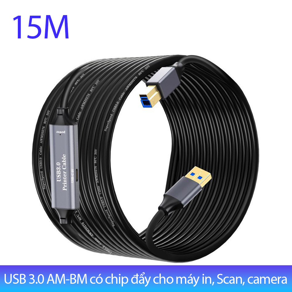 Cáp USB 3.0 AM-BM dài 15 mét có chip đẩy tín hiệu cho máy in, Camera
