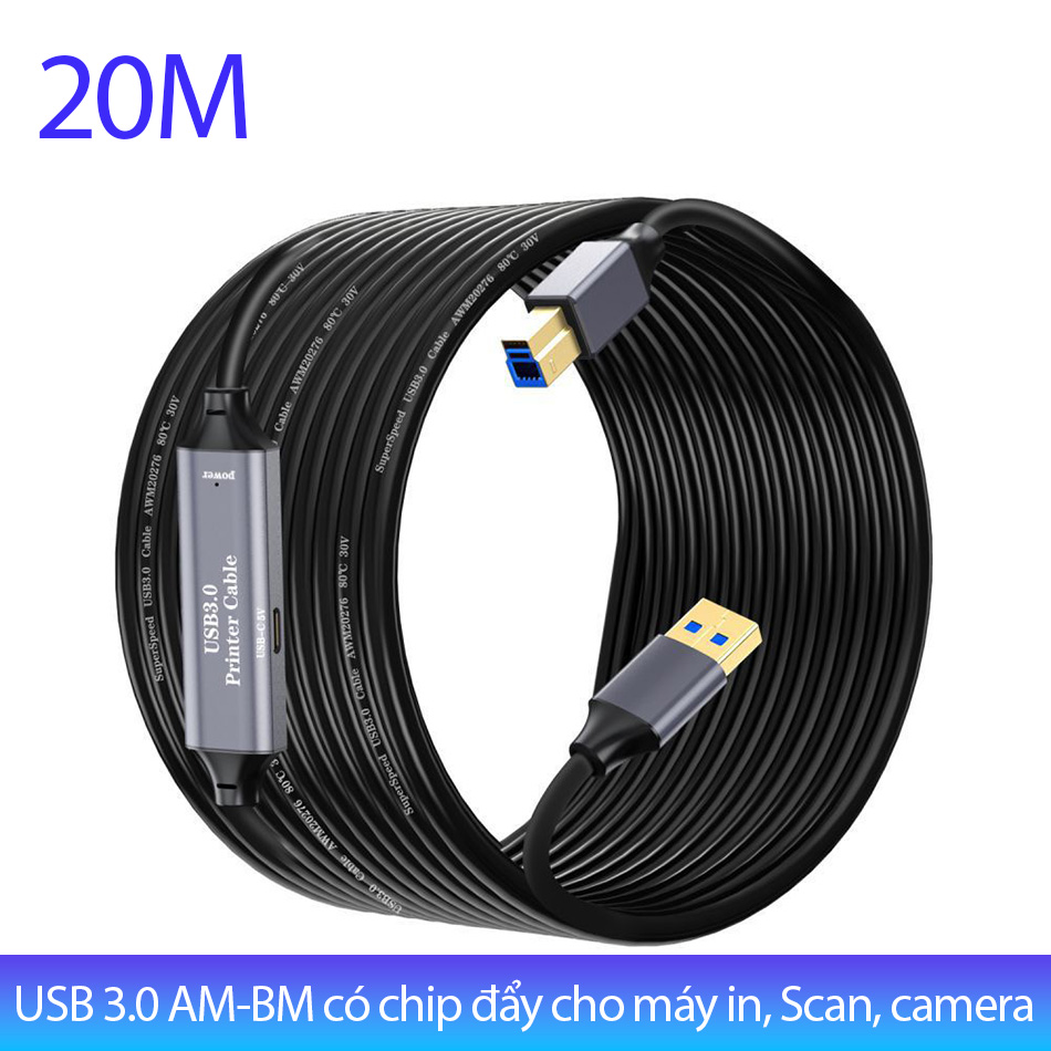 Cáp USB 3.0 AM-BM dài 20 mét có chip đẩy tín hiệu cho máy in, Camera
