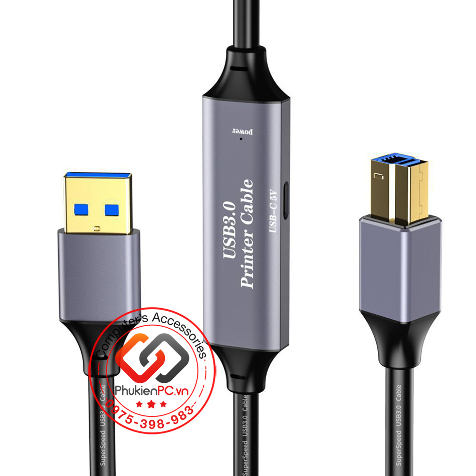 Cáp USB 3.0 AM-BM dài 5 mét có chip đẩy tín hiệu cho máy in, Camera