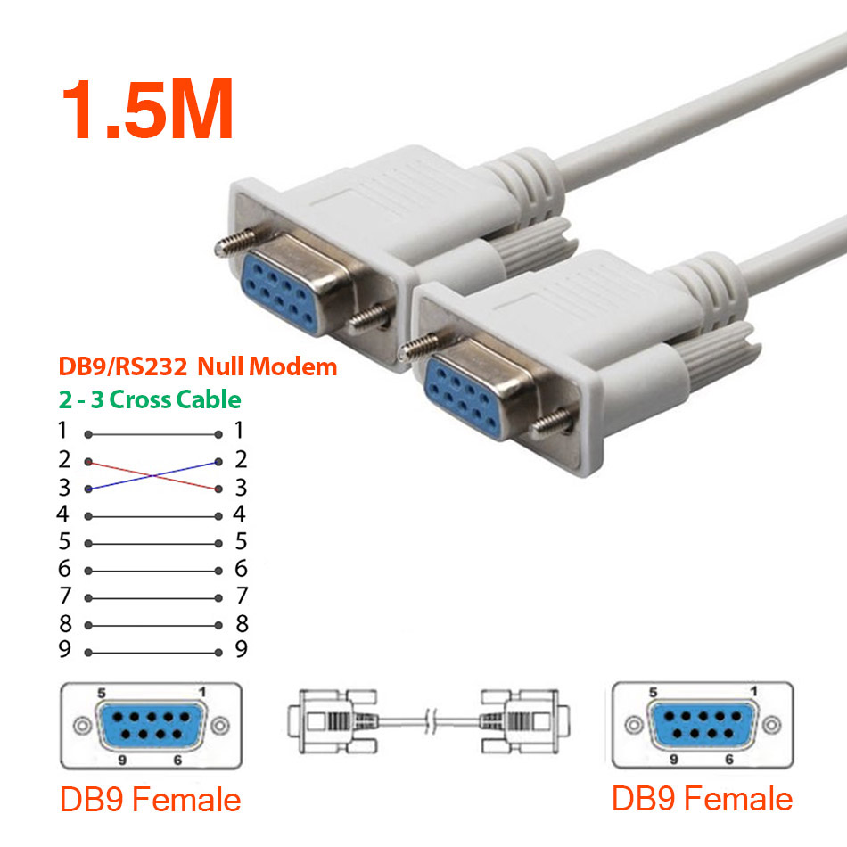 Cáp COM DB9 RS232C Cái-Cái nối chéo 2-3 dài 1.5M, đầu đúc sẵn, màu “TRẮNG”