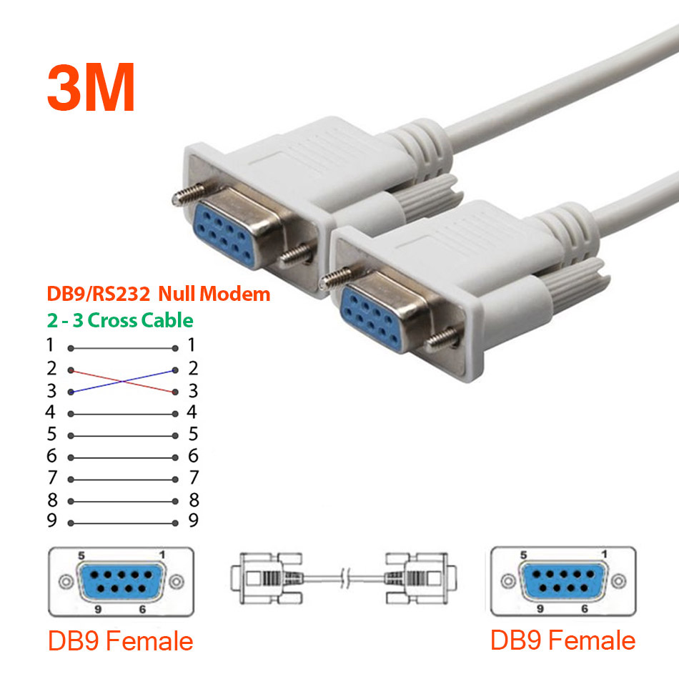 Cáp COM DB9 RS232C Cái-Cái nối chéo 2-3 dài 3M đầu đúc sẵn màu “TRẮNG”