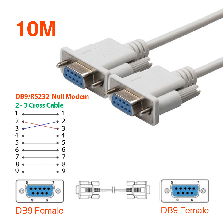 Cáp COM DB9 RS232C Cái-Cái nối chéo 2-3 dài 10M đầu đúc màu “TRẮNG”