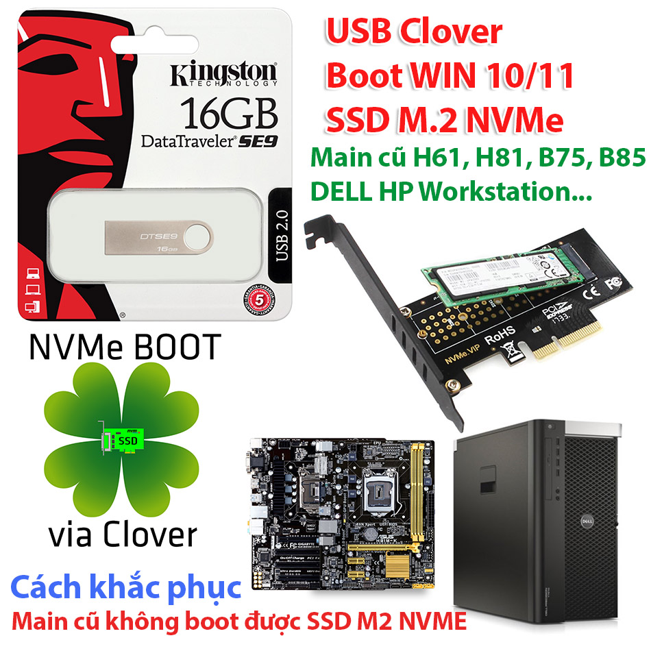 USB Clover hỗ trợ Boot Win 10, 11 ổ cứng SSD M.2 NVMe cho main H61, H81, B85, Z87 máy trạm DELL, HP