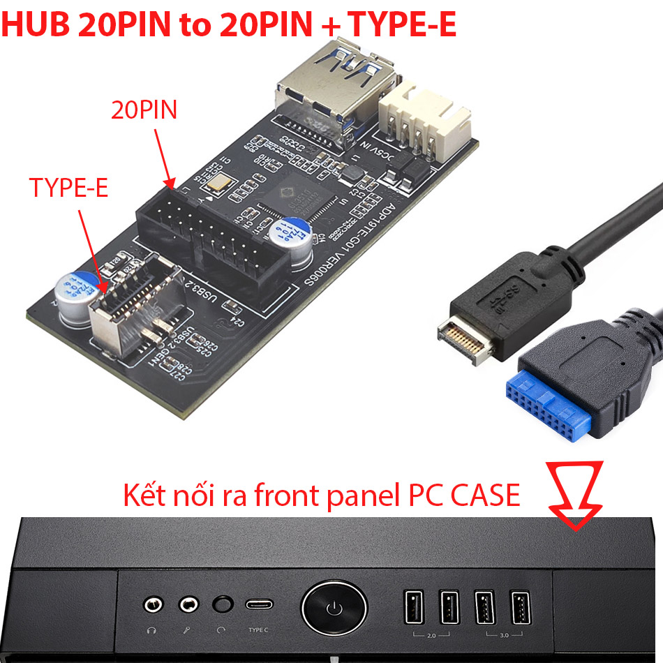 Hub chia cổng USB 20pin header mainboard ra Type E, 20Pin
